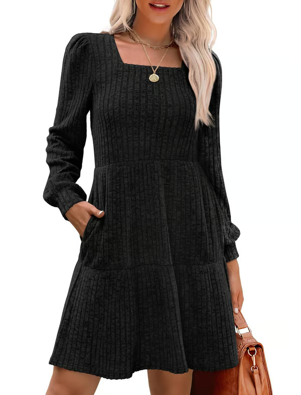 Womens Square Neck Long Sleeve Fall Dresses Casual Babydoll Sweater Dress