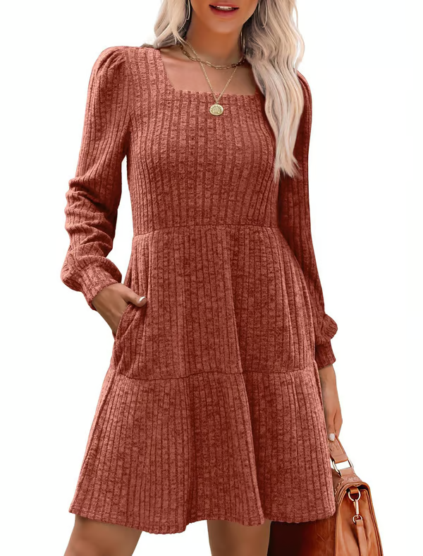 Womens Square Neck Long Sleeve Fall Dresses Casual Babydoll Sweater Dress