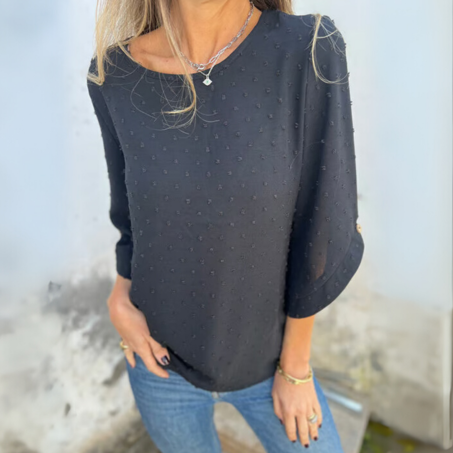 Round Neck Embroidered Large Cuffs Casual Shirt