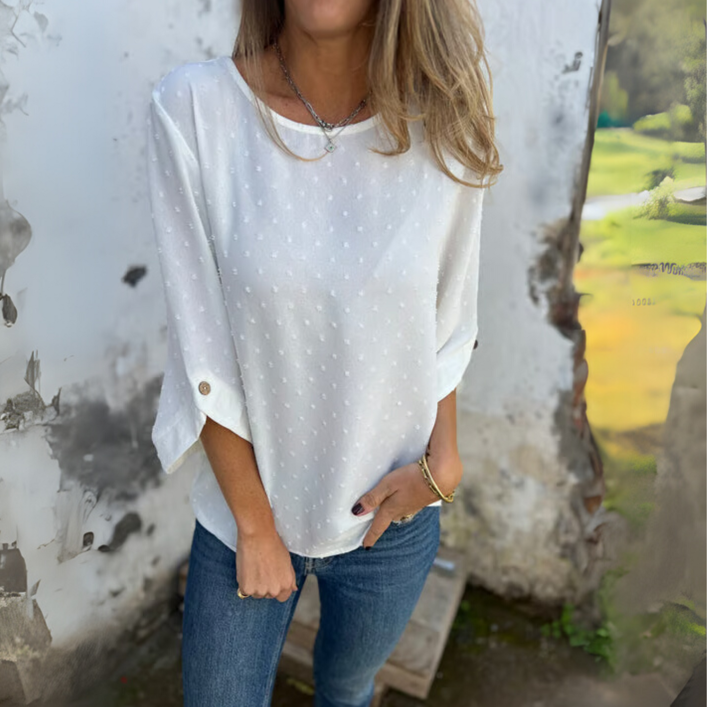 Round Neck Embroidered Large Cuffs Casual Shirt