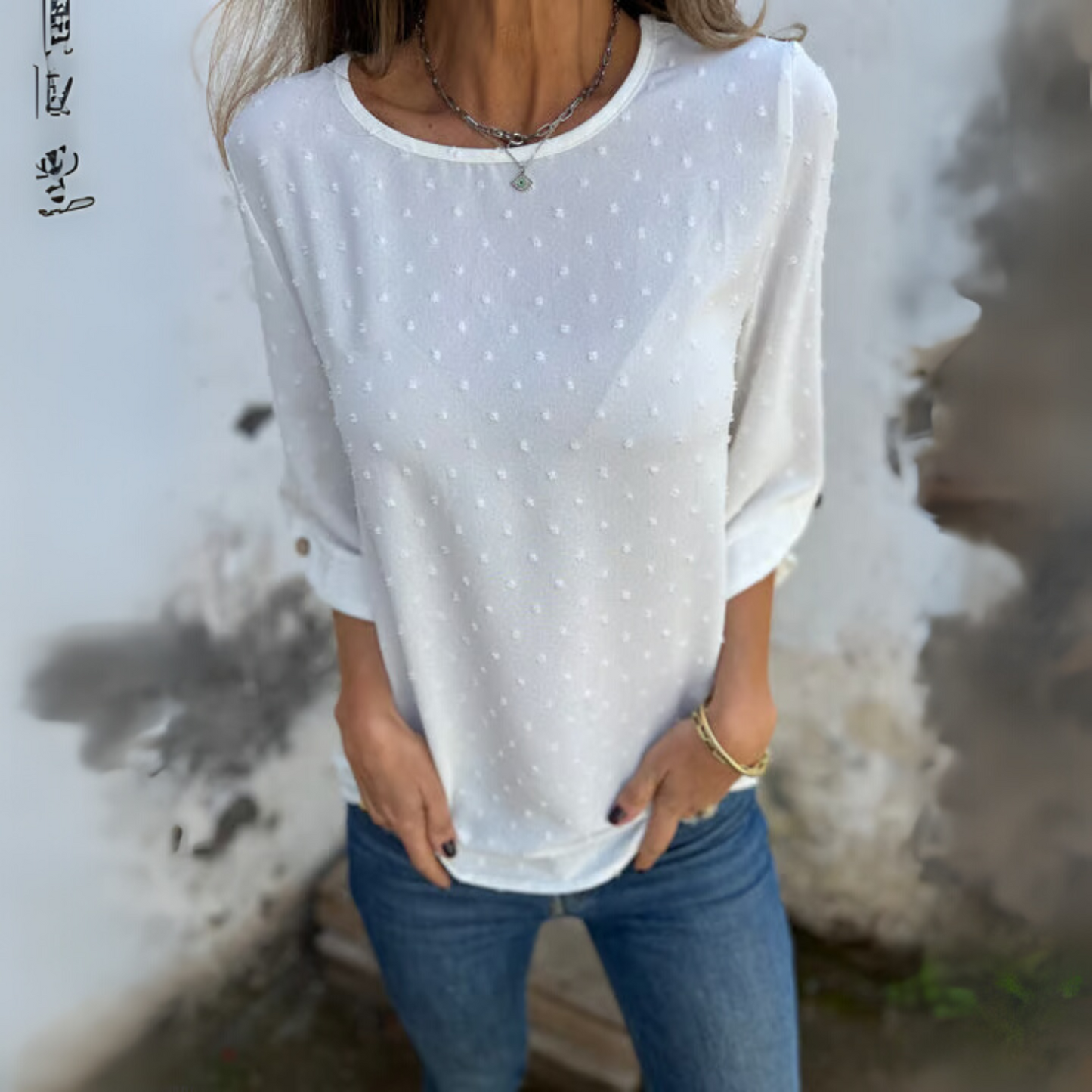 Round Neck Embroidered Large Cuffs Casual Shirt