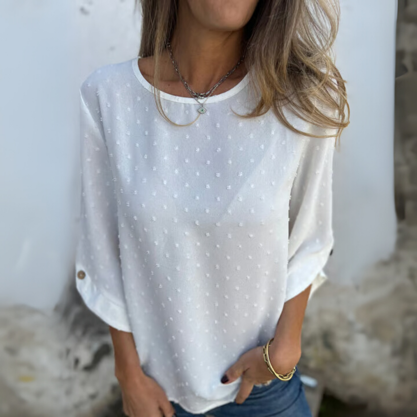 Round Neck Embroidered Large Cuffs Casual Shirt