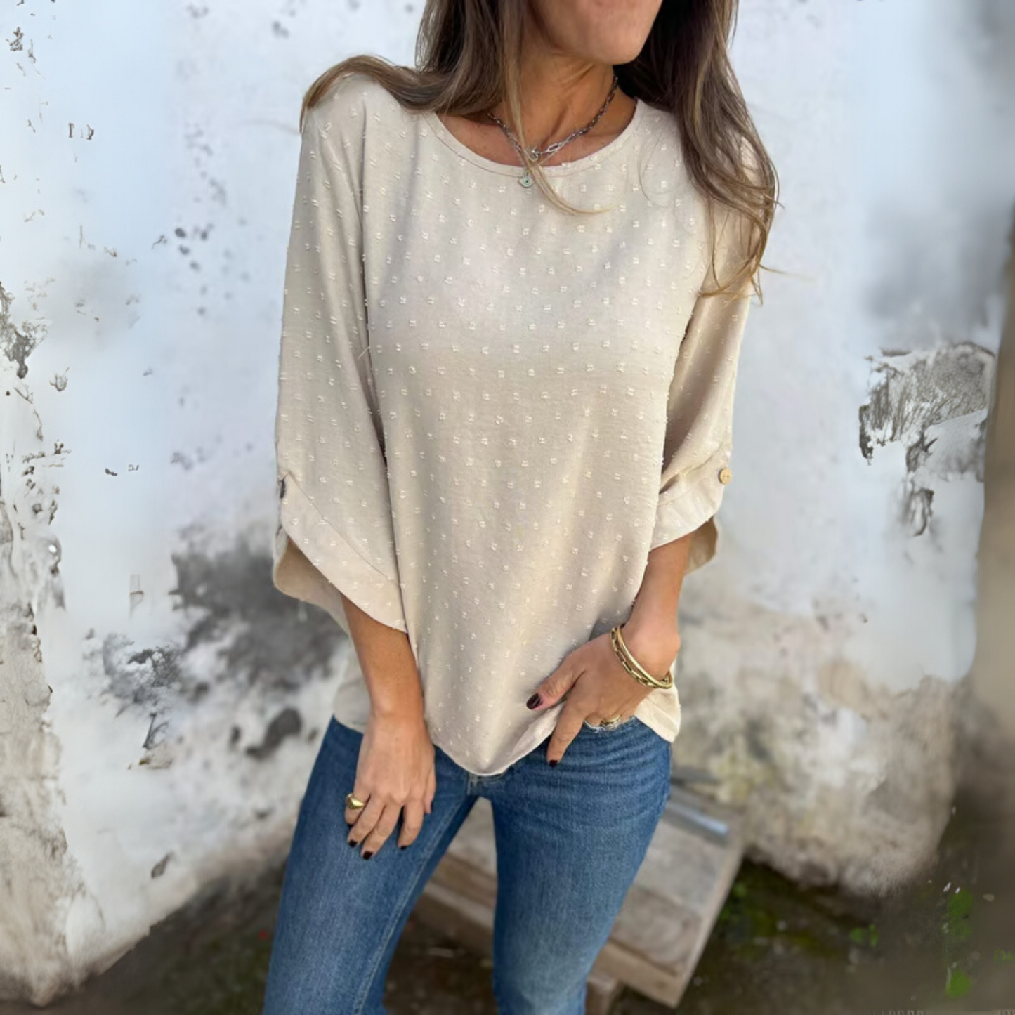 Round Neck Embroidered Large Cuffs Casual Shirt
