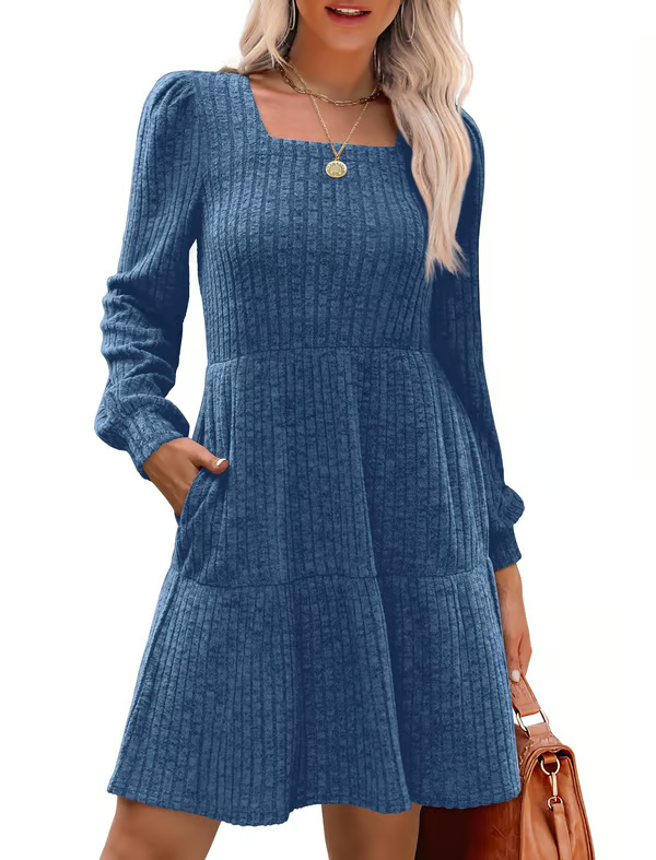Womens Square Neck Long Sleeve Fall Dresses Casual Babydoll Sweater Dress