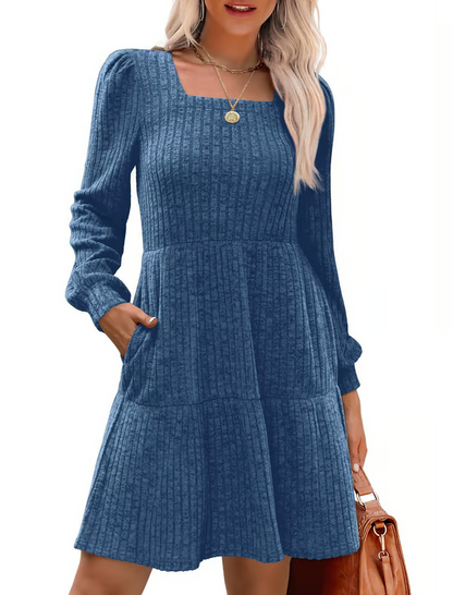 Womens Square Neck Long Sleeve Fall Dresses Casual Babydoll Sweater Dress