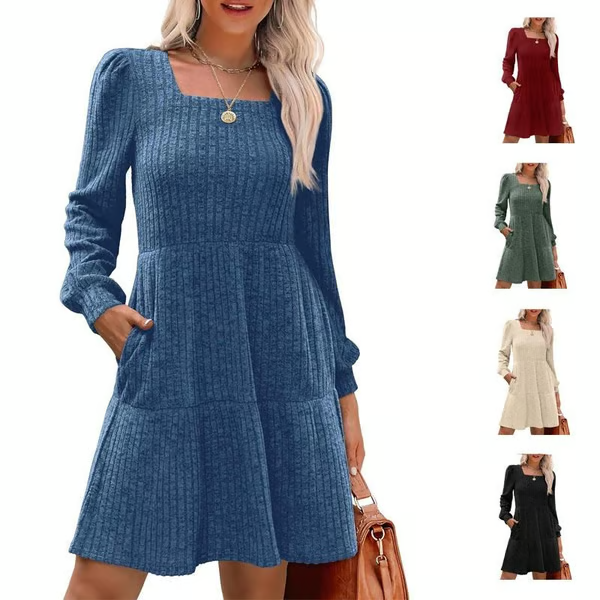 Womens Square Neck Long Sleeve Fall Dresses Casual Babydoll Sweater Dress