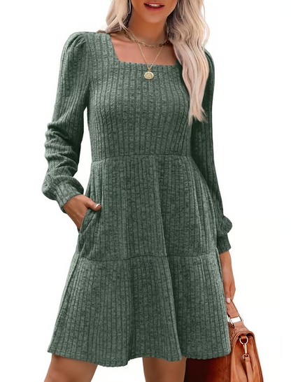Womens Square Neck Long Sleeve Fall Dresses Casual Babydoll Sweater Dress