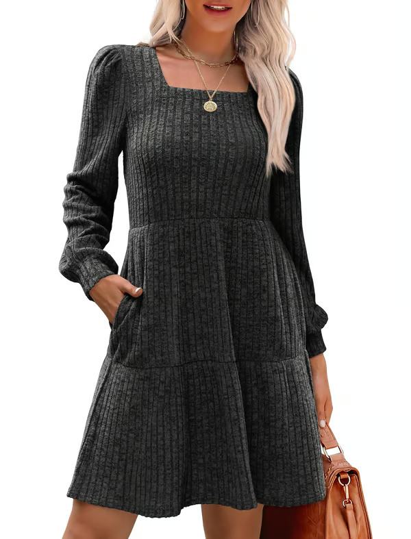 Womens Square Neck Long Sleeve Fall Dresses Casual Babydoll Sweater Dress